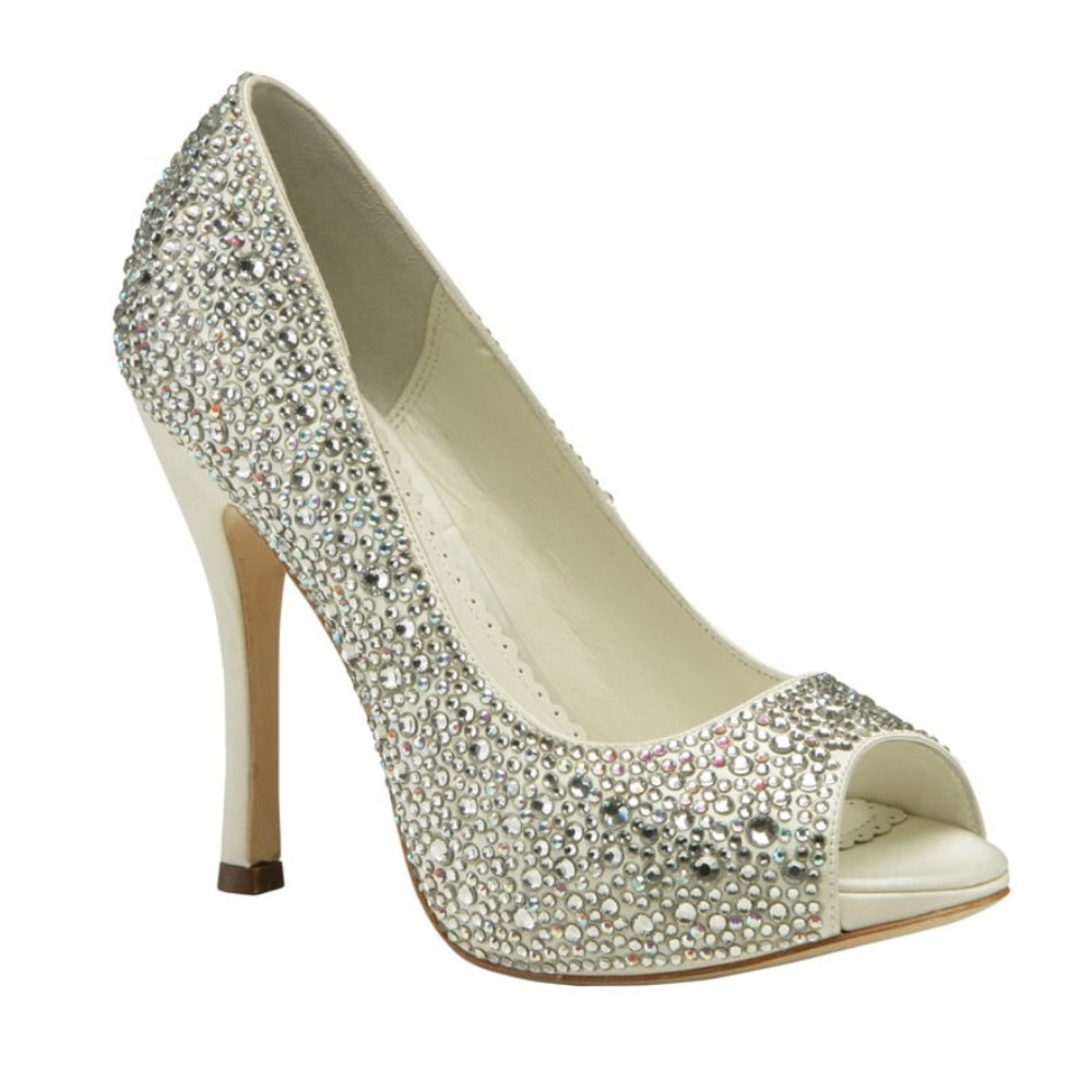 Benjamin Adams London CHARLIZE Ivory Silk Crystals High Heel Peep Toe Pump
